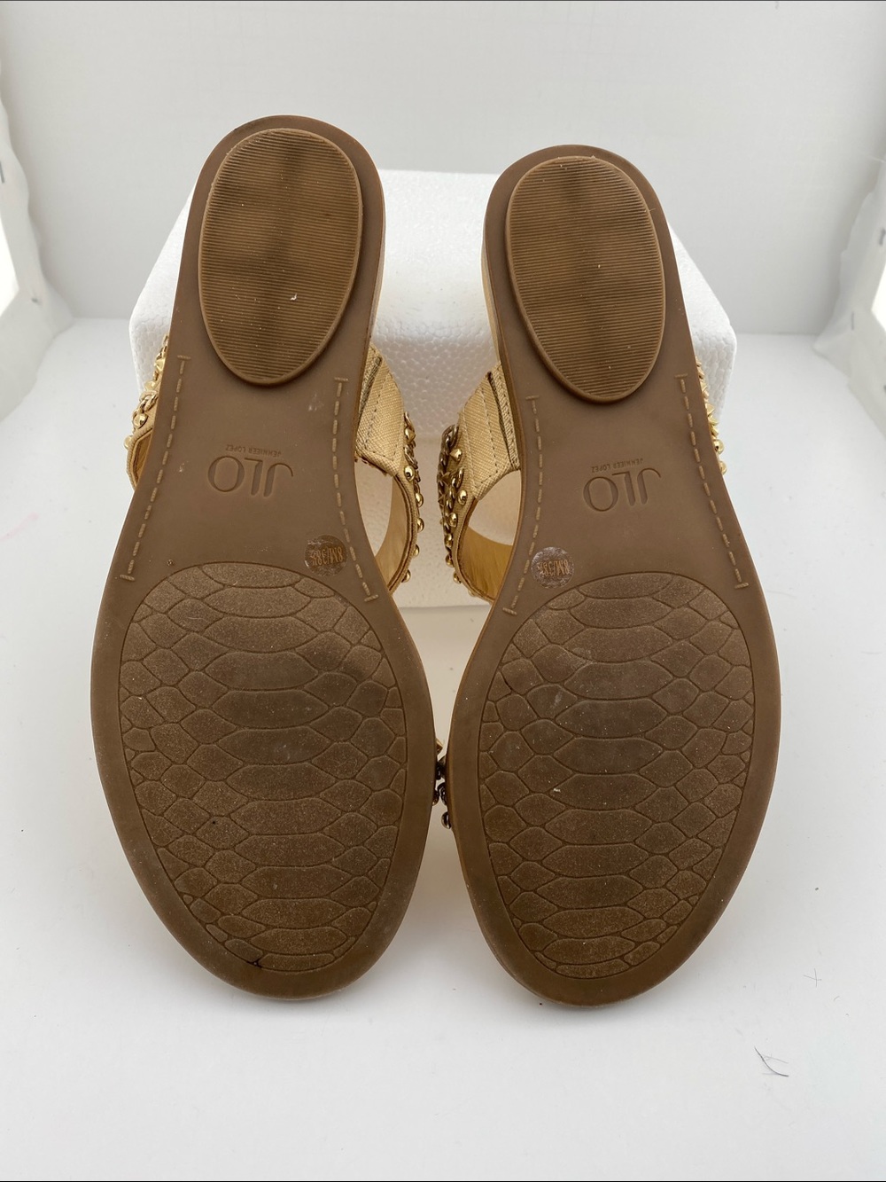 Jennifer Lopez Metallic Gold Double-Strap Slide Sandals with Studs - Picture 2 of 3